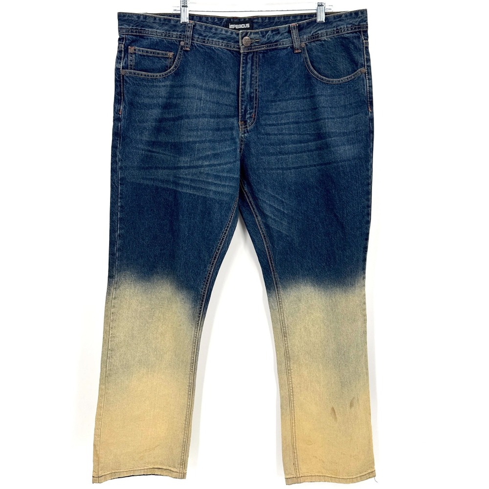 IMPERIOUS Mens Jeans W40 L32 Dark Wash Dip Dye Distressed Denim‎ Pants